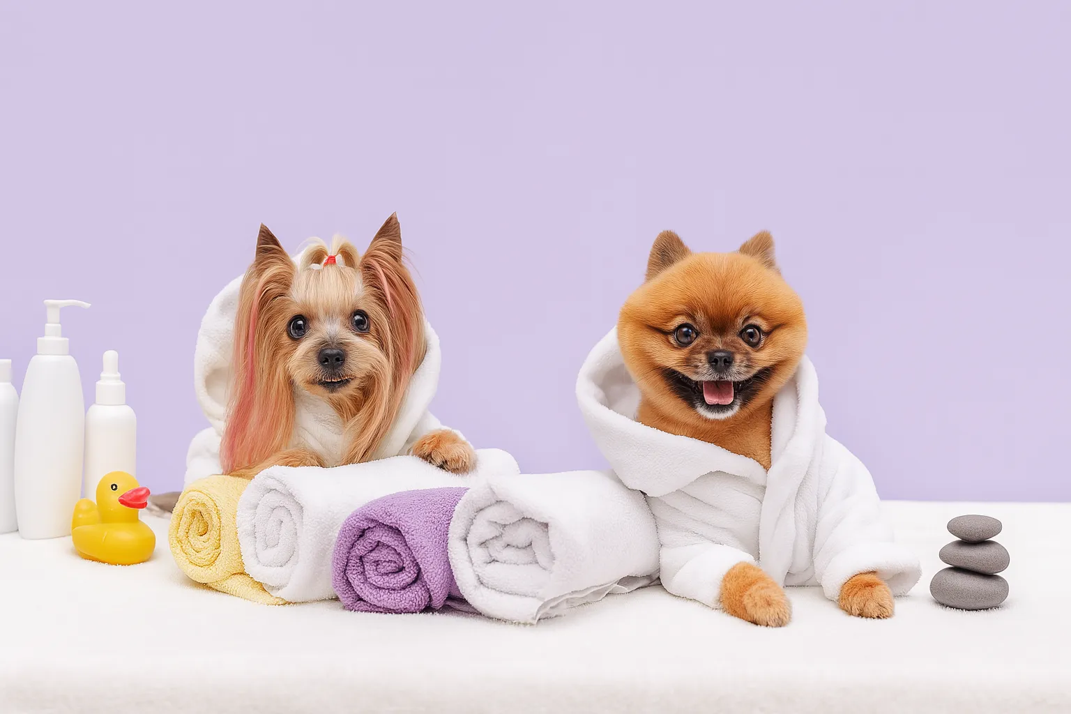 Happy dogs with professional groomer in a clean, welcoming pet salon